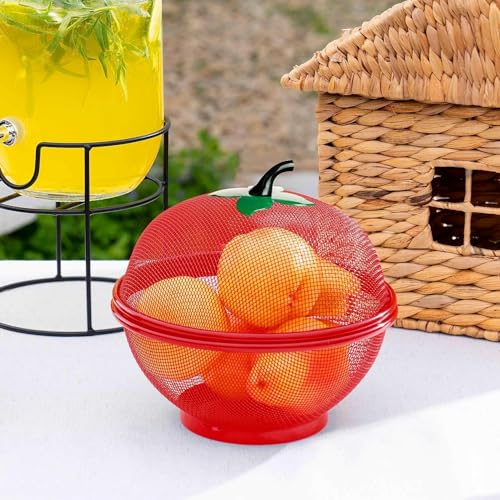 Image of Fruits Bowl Basket Apple Shape Mesh with lid Tabletop Vegetable Holder Keep Unwanted Pets & Insects Out Kitchen Dishwashing Drain Basket (Red)