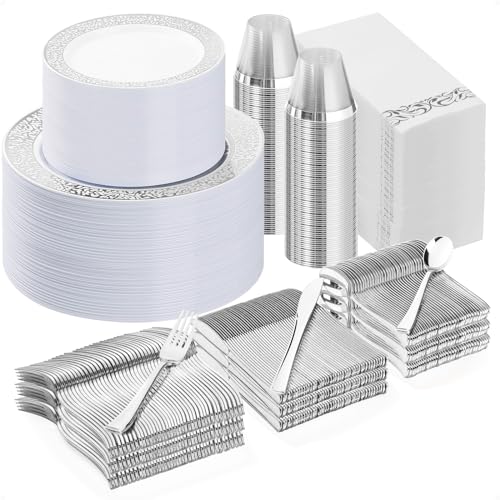 Bestluck 700PCS Silver Plastic Dinnerware Set for 100 Guests, Disposable Lace Plates for Party, Includes: 100 Dinner Plates, 100 Dessert Plates, 100 Silver Silverware Set, 100 Cups, 100 Napkins Bestluck 700PCS Silver Plastic Dinnerware Set for 100 Guests, Disposable Lace Plates for Party, Includes: 100 Dinner Plates, 100 Dessert Plates, 100 Silver Silverware Set, 100 Cups, 100 Napkins