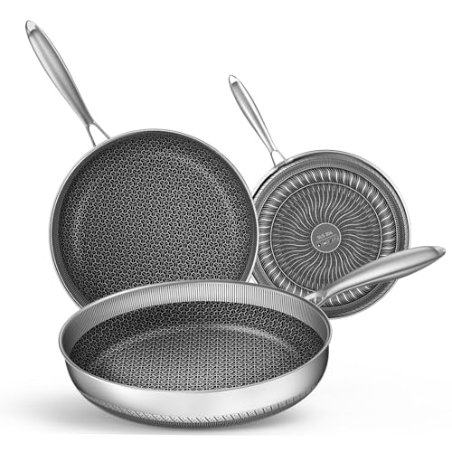 Lista de Cv Directo Sartenes para comprar online. 49 HEEDU Juego de 3 Sartenes de Acero Inoxidable, Sartenes Antiadherentes, Textura de Panal, No Tóxico, Apto para Horno, Inducción, Gas y Eléctrico (8/10/12inch)