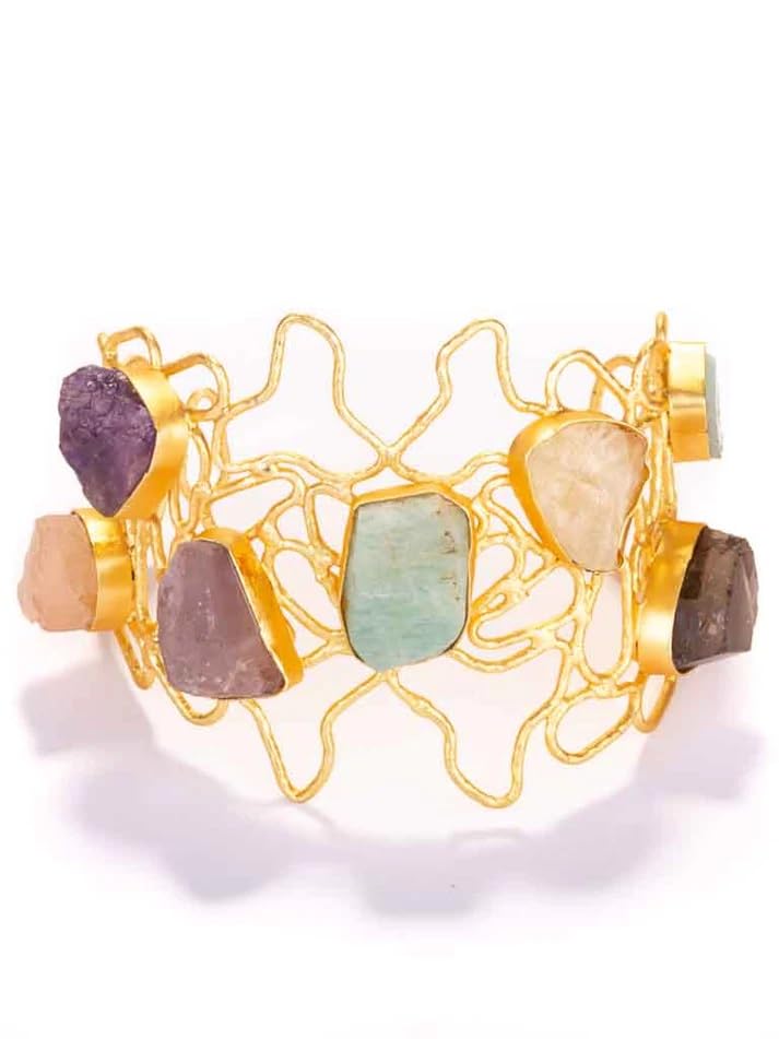 DAMANI Womens Golden Adjustable Amethyst Stone Wrapped Gemstone Cuff Bracelets Amethyst Bracelet For Women