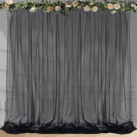 Black Backdrop Curtain for Parties, 2 Panels 5ft X 10ft Tulle Fabric Black Sheer Backdrop Curtain for Wedding Birthday Party Ceremony Photo Backdrop Curtain for Home Decoration Cover