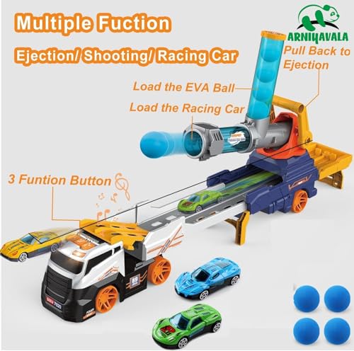 Image of Truck Toys for Kids, 28 inch Large Car Toys Include 2 Racing Cars+4 Ball, with Light & Sounds, Eejection&Shooting Transport Cars Toy, Gifts for Boys Girls 3 4 5 6 7 8 Year Old