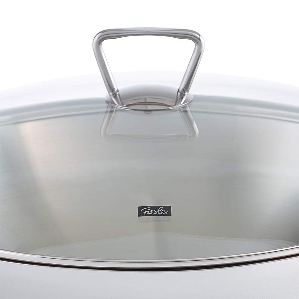 Fissler Kunming Padella wok in acciaio inox 36 cm, grande padella wok senza rivestimento, padella di ispirazione asiatica con coperchio in vetro, incluso inserto vaporiera, anche a induzione