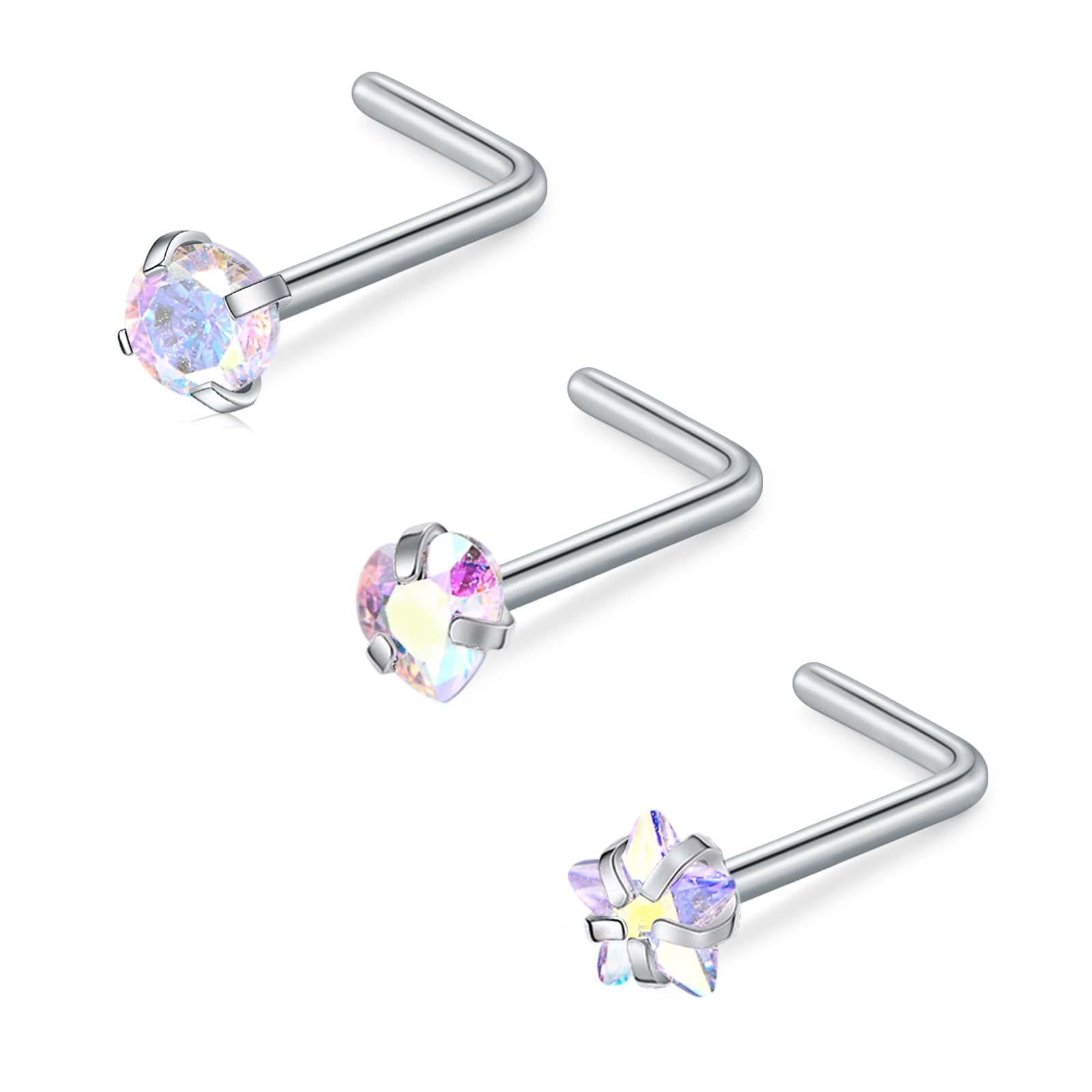 FECTAS Nose Stud L Shape Nose Ring Stud Nose Bar 18G 20G 1.5mm 2mm 2.5mm 3mm L Shaped Nose Piercing Jewellery Stainless Steel Clear Pink Blue Round Star Heart Diamond Silver Gold Black — view 5