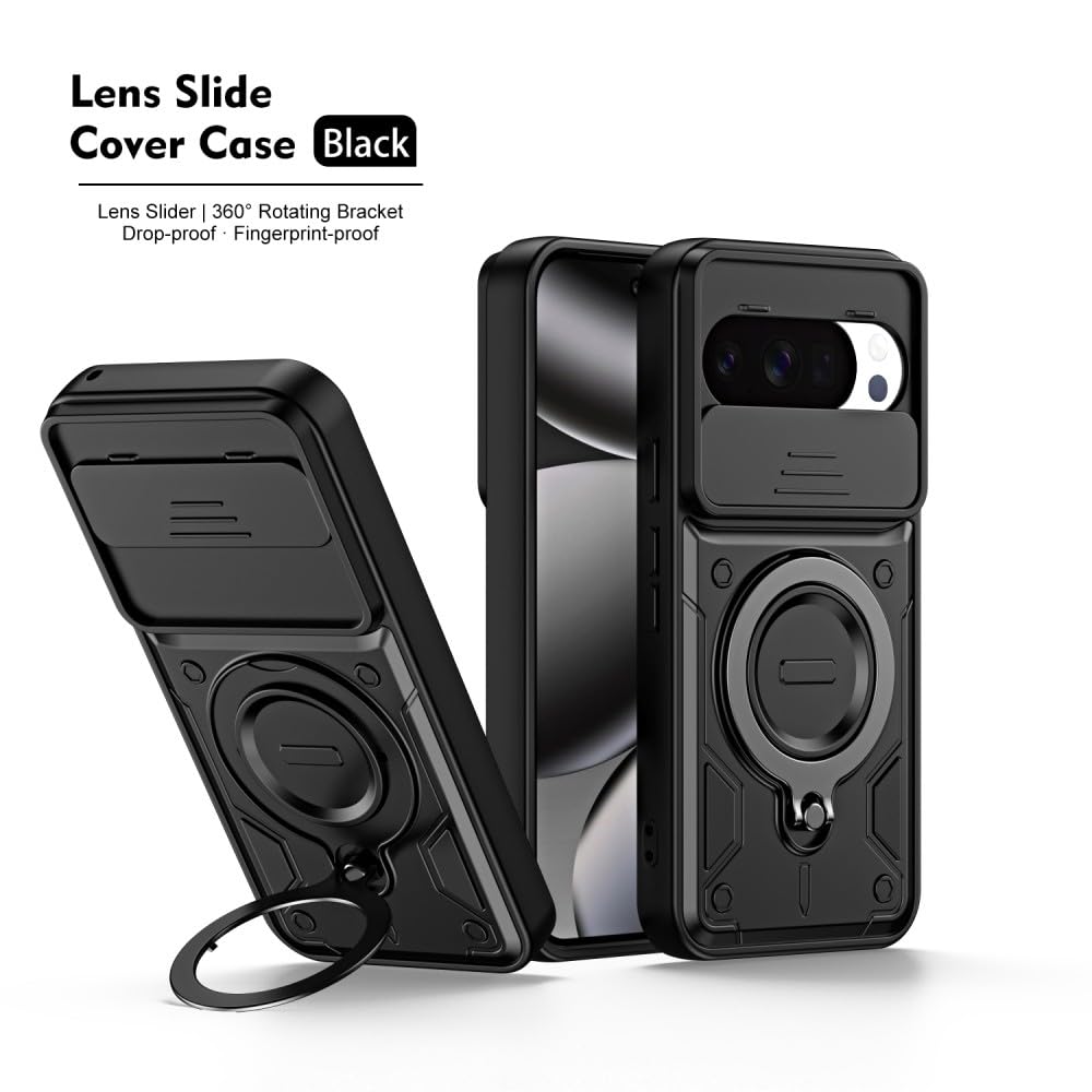 Generic Funda compatible con Google Pixel 10 5G (color: negro), anillo de metal giratorio, tapa dura, funda de silicona