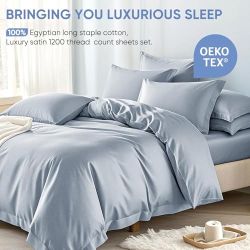 Image of TWK 1200 TC 100% Egyptian Long-Staple Cotton Bedding Sheets Set, Luxury Hotel Style Deep Pocket with Elastic Reinforced Seams Sheet Set, Soft & Comfy Natural Sheets (French Blue, King)