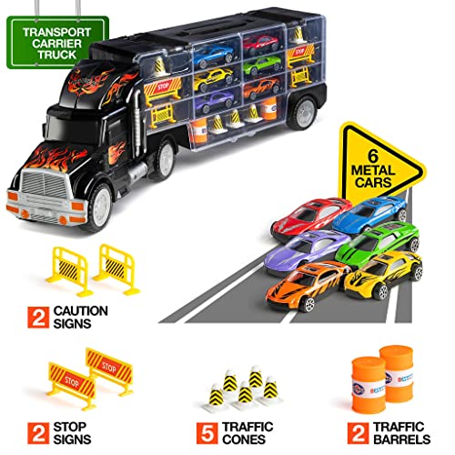 image for Toy Truck Car Carrier - Includes 6 Toy Cars and Accessories, Fits 28 T