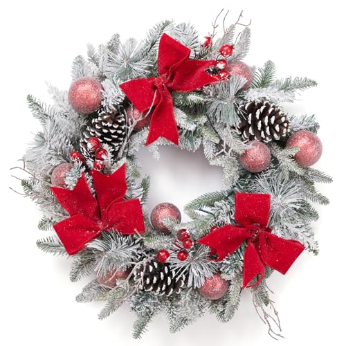 GAOMON Christmas Wreath with Lights, 24 Inch Snow Flocked White Winter Wreath with 30 LED Lights Pine Cones Velvet Bows for Front Door Fireplace Holiday Indoor Outdoor Decoration, Battery Operated