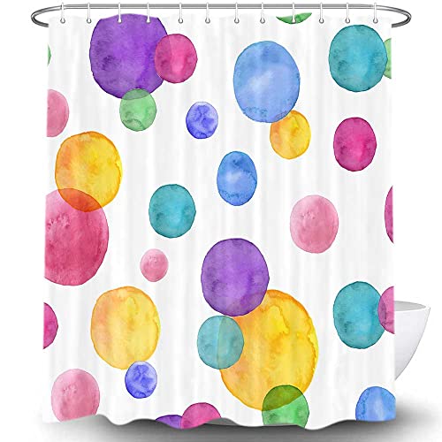 NYMB Cortina de ducha para niños, diseño de burbujas de acuarela, tela de rayas arco iris, decoración de baño para niños con ganchos, cortina de baño de tela impermeable, morado, amarillo, rojo, azul Cover