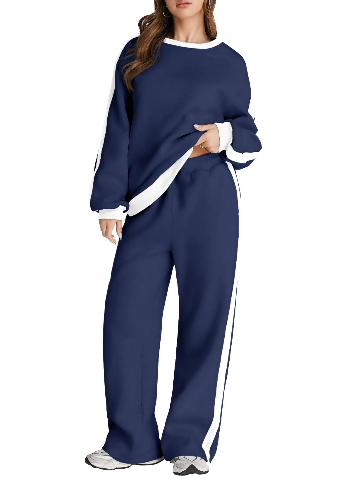 Herseas Women 2 Piece Outfits Color Block Sweatsuit Casual Fleece Lounge Matching Sets