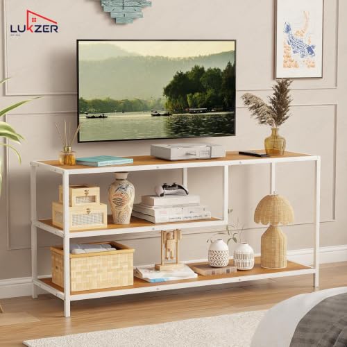 Image of Lukzer Metal & Engineered Wood TV Unit Stand Ideal for TVs Up to 43 Inch | MTU-001 /White + Oak Brown | Open Shelves for WiFi Router, Set-Top Box, Speakers & Decor | Living Room Storage Rack Organizer