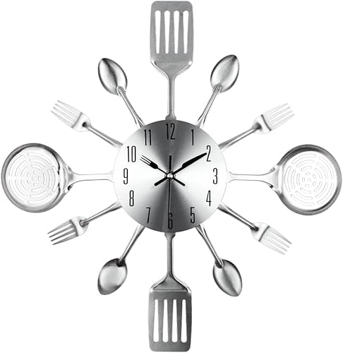 Miniatura 1 de Timelike 16 Inch Large Kitchen Wall Clocks with Spoons and Forks Creative Modern Home Decor Antique Style Wall Watch (Silver)