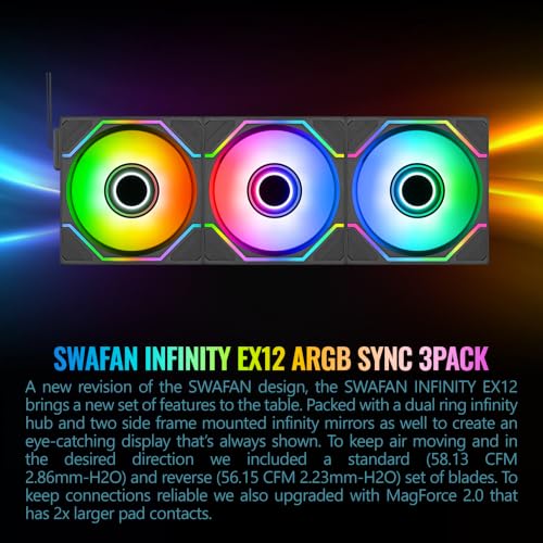 Image of Thermaltake SWAFAN 120 EX INFINITY ARGB; Infinity Mirror Hub & Frame; 120mm x 28mm; 500~2000 RPM; MagForce 2.0; Swappable Blades; 5V 3-Pin Motherboard Sync; Screw Covers; 3-Pack;Black;CL-F245-PL12SW-A