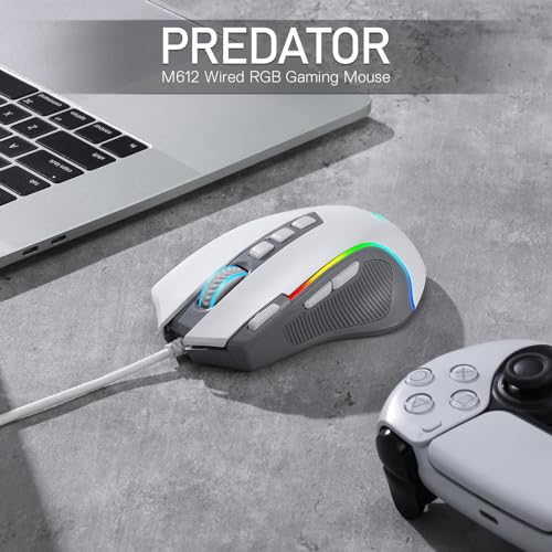 Image of Redragon M612 RGB Gaming Mouse, 8000 DPI Wired Optical Gamer Mouse with 9 Programmable Buttons & 5 Backlit Modes, Software Supports DIY Keybinds Rapid Fire Button, Gray&White | Stable Lag-Free Connection, Redefine Keybinding Macro, Rapid-Fire Side Clicker, Vibing Backlight