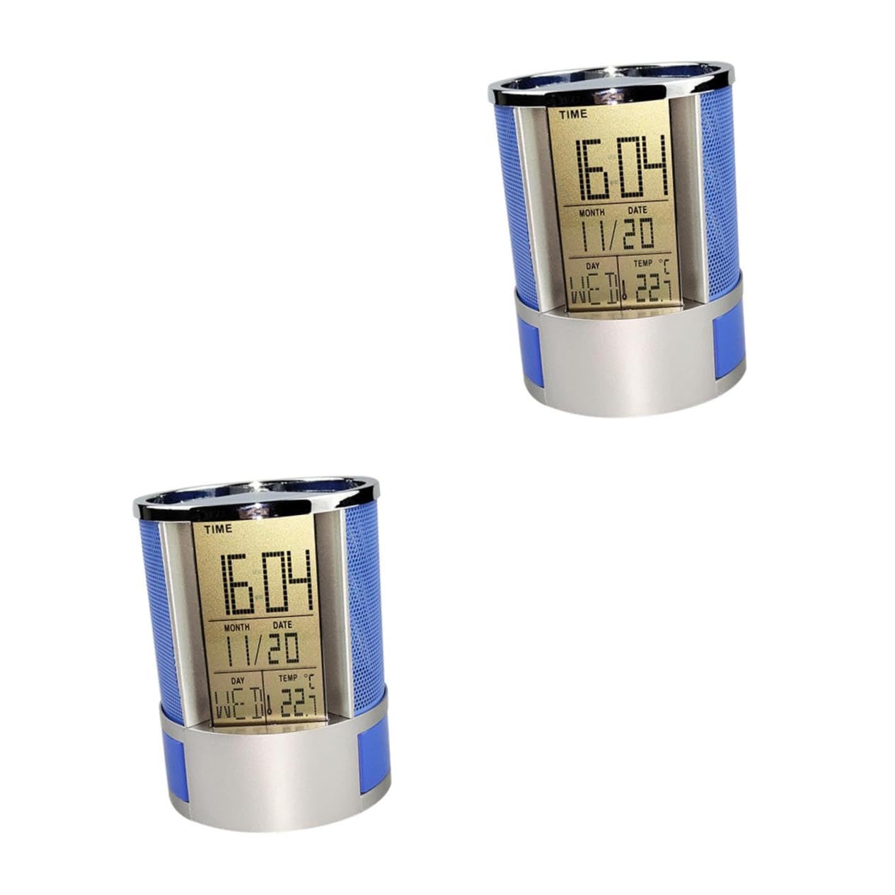 Porte-stylo horloge calendrier numérique bleu pour bureau moderne