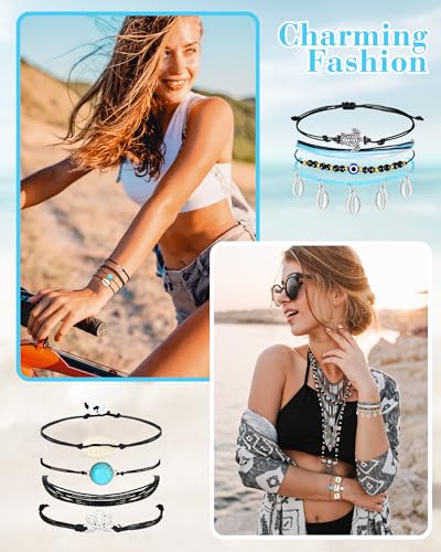 Image of Hicarer 21 PC Surfer Wave Friendship Bracelet Set Waterproof Adjustable Boho Beach String Anklets Bulk, Summer Gift for Women