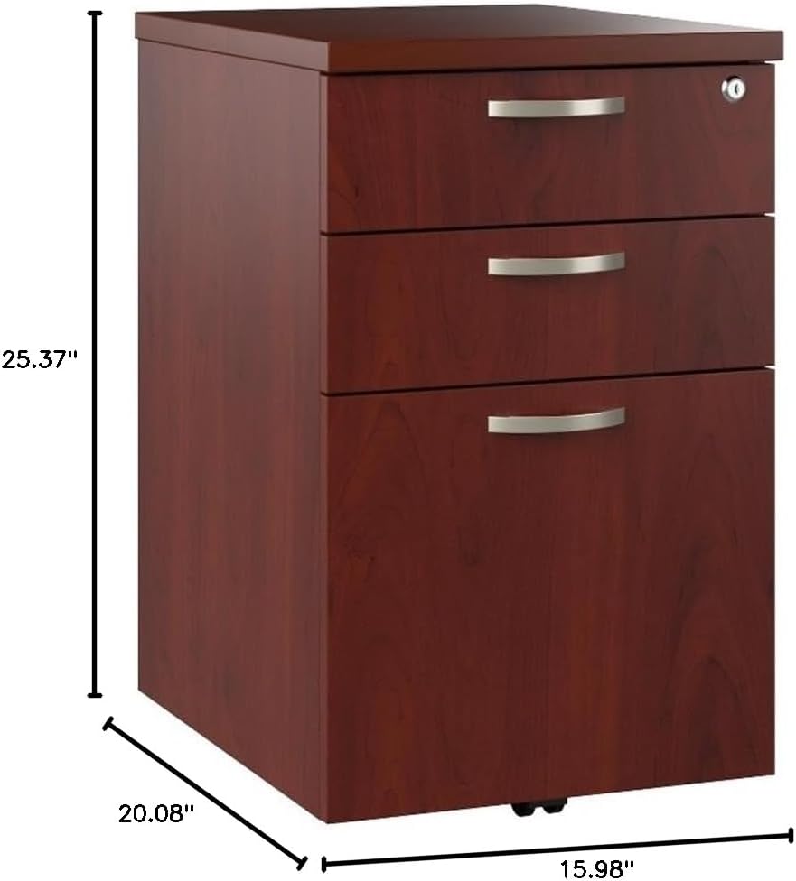 Pemberly Row Mobile File Cabinet, Hansen Cherry Finish, Engineered Wood, 3 Drawer Locking Design with Wheels, Fits Under Desk, Office Storage for Letter, Legal, and A4 Documents