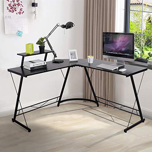 Escritorio convertible para juegos en forma de L, moderno y resistente mesa de ordenador con gran estante para monitor para estación de trabajo, dormitorio, sala de estar, color negro