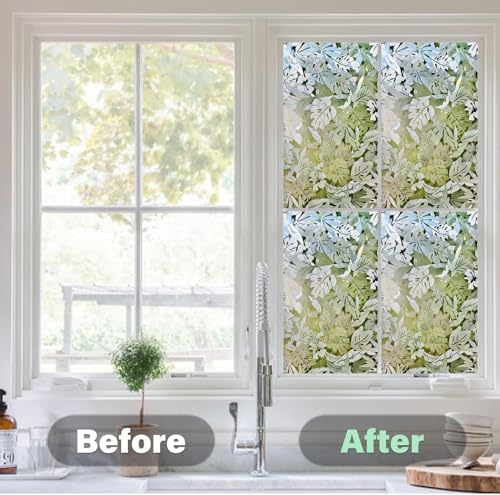Image of WISDOM Premium Frosted Glass Window Film Self Adhesive Decorative Glass Window Privacy Sheet Film UV Control Removable Vinyl Privacy Film (Palm Leaves, 24x50 Inch)