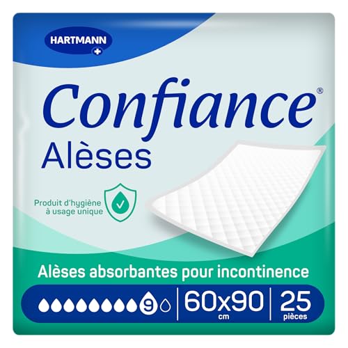 Confiance® Alèse - Alèses pour la protection de la Literie ou du Fauteuil - Niveau d'Absorption = 9 gouttes - Dimensions = 60 x 90 cm - 25 unités