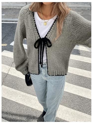 GORGLITTER Women's Tie Front Cardigan Bow Y2K Long Sleeve V Neck Chunky Knit Sweater4