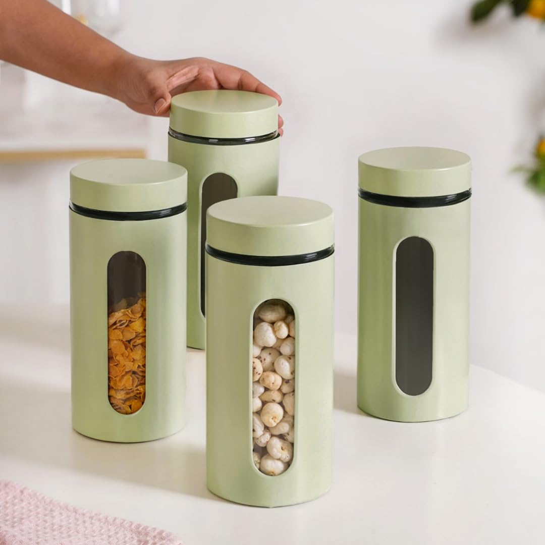 Nestasia Oval Window Metal Jacketed Glass Jars Set of 4 (1500 ml) - Glass Containers for Kitchen Storage with Transparent See - Through Window for Snacks, Dry Fruits, Pulses or Coffee (Green)