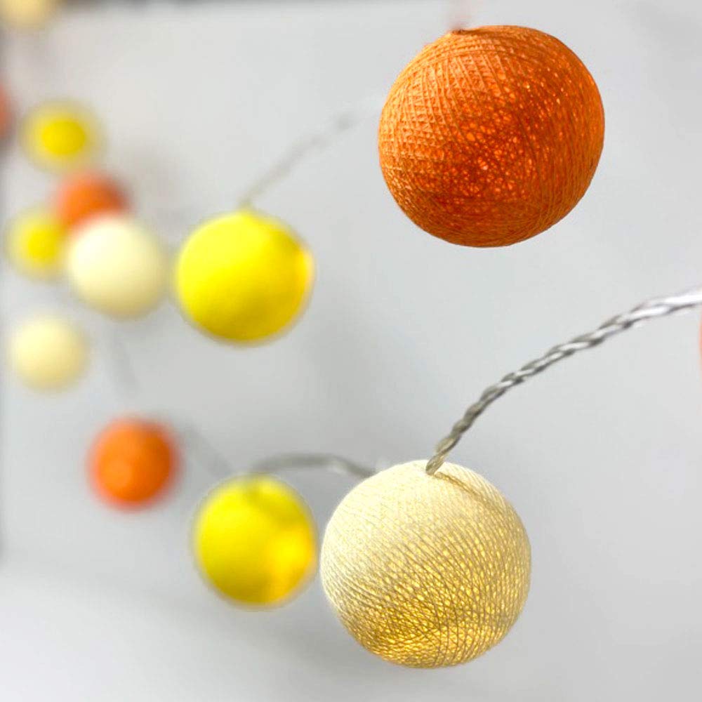 Blaze On Ambient Ball Fairy Lights (Orange and Yellow) – 10 Warm White LED Lights – Hand-Spun Cotton Balls – 3-Pin UK Mains Plug – Indoor Decorative String Lights
