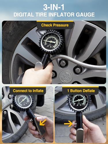 Image of AZUNO Heavy Duty Tire Pressure Gauge, Tire Inflator Gauge 230PSI Air Chuck Air Compressor Attachments, with Steel Braided Hose, Large 2.6 inch Glow Dial & Quick Connect Coupler, for Truck /Car /SUV /RV /Bike
