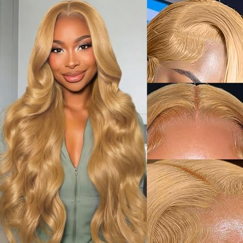 KEKEYY 28 Inch Honey Blonde Wig Human Hair 13x4 Body Wave Lace Front Wigs Human Hair 200 Density HD Lace Frontal Wigs 10A Brazilian Virgin Human Hair Pre Plucked 27# Honey Blonde Wig