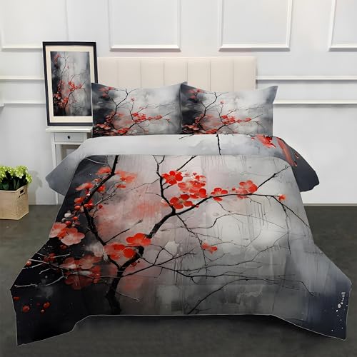 SYHIEGO Edredón individual reversible de flores de cerezo japonés, edredón sin funda, edredón floral para todas las estaciones, edredón floral con 1 funda de almohada, edredón de microfibra lavable,