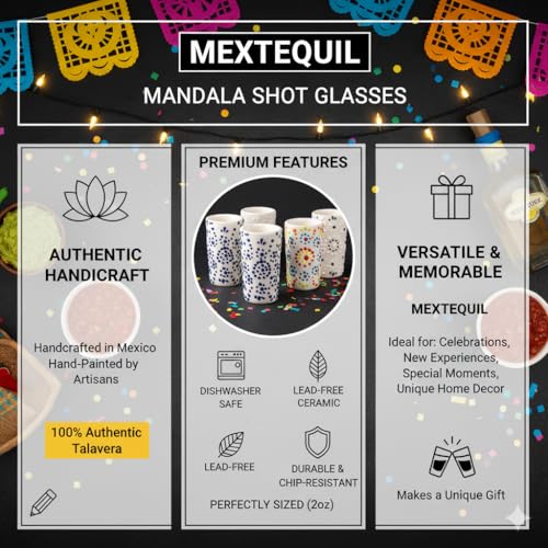 Image of Talavera Shot Glasses Set of 4 Authentic Mexican Tequila Shot Glasses - Hand-painted - 2 Oz (Mandala)
