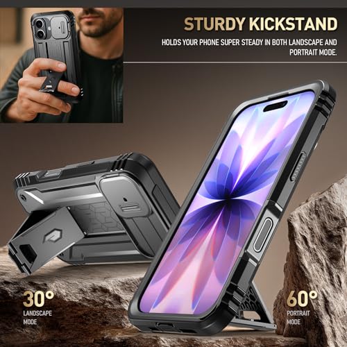 Image of Poetic for iPhone 17 Case with Camera Control Capture Button, [Slide Camera Cover] [Built-in Stand] [Built-in Screen Protector] Full-Body Military Grade Rugged Phone Case for iPhone 17, Black