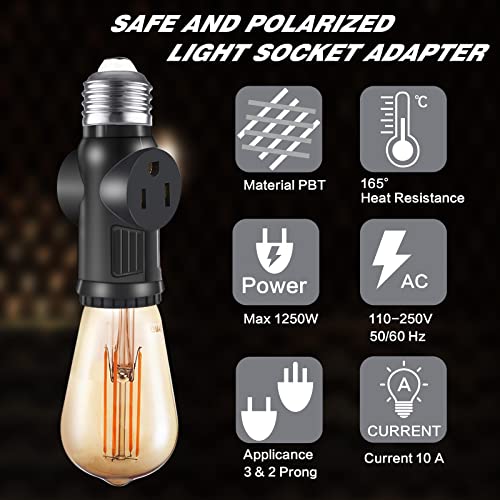 2 Pack Light Bulb Outlet Socket Adapter,3 Prong Light Socket Adapter Splitter Converter, Fcc Listed Light Bulb Plug Adapter 2/3 Prong Outdoor Heat-Resistant E26 For Porch Door Opener Garage #TOP2