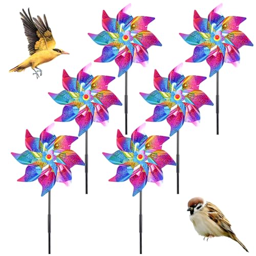 QINERSAW 6er Set 52cm Hoch φ24cm Vogelabwehr Windrad Taubenabwehr Windräder Vogelschreck Windmühle Taubenschreck Bunt Windrad für Balkon Garten Reflektierend Windräder für Obstgarten Hof Dach