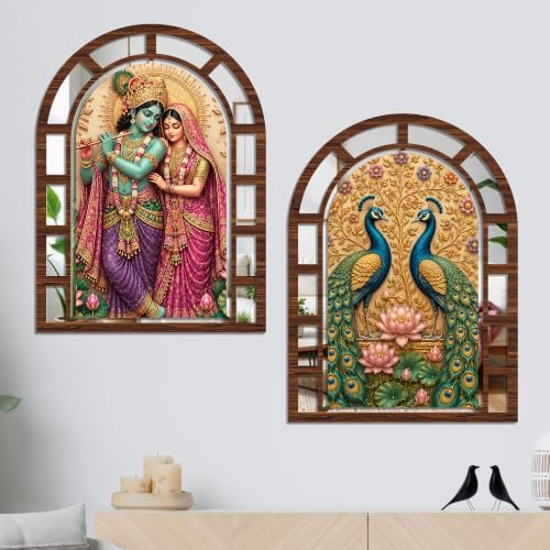 Image of Artvibes Krishna Radha & Peacock Garden Decorative Jharokha Mirror | Wall Hanging Decor for Living Room, Bedroom, Hall, Prayer Room, Dining Room & Office | Gift for Couple (WHJ 12043N), Set of 2