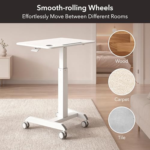Image of Mount-It! Laptop Cart Rolling Desk Adjustable Height with 28.5 inch x 22 inch Tabletop, Ergonomic Sit-Stand Workstation on Wheels Portable for Home Office, Dorm, Classroom, White