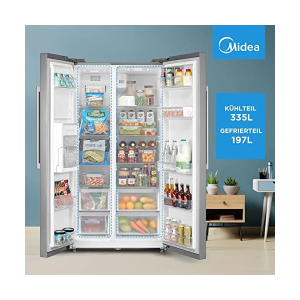 Midea MERS530FGD02 Side-by-Side Kühl-/Gefrierkombination/NoFrost/Inverter Technologie/Indoor Ice Bar/Twin Control/176,5 cm Höhe/335 L Kühlen/197 L Gefrieren/256 kWh/Jahr – Bild 4