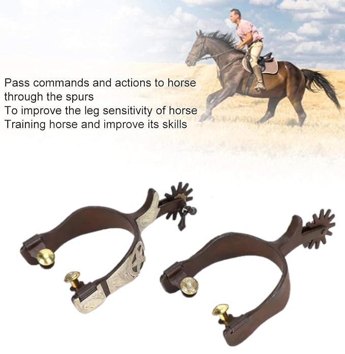 Pferdesporen Paar mit Ledersporen Gürtel, antikes Messing, Western-Stil, Sporen für Männer und Frauen, handgeschnitzte Silbersporen für Reiten, Reitwettbewerb MP04