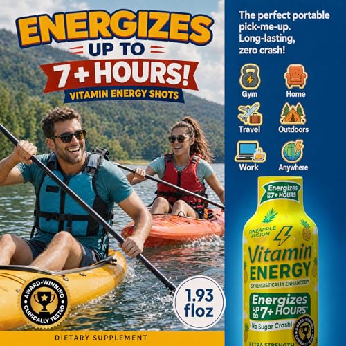 Image of Vitamin Energy Pineapple Fusion Extra Strength Energy Shot, 12 Pack - Up to 7 Hrs, 260mg Natural Caffeine, Zero Sugar - Green Tea Extract, Immune Support, B12 B6 Niacin, 1.93 fl oz, Keto Vegan