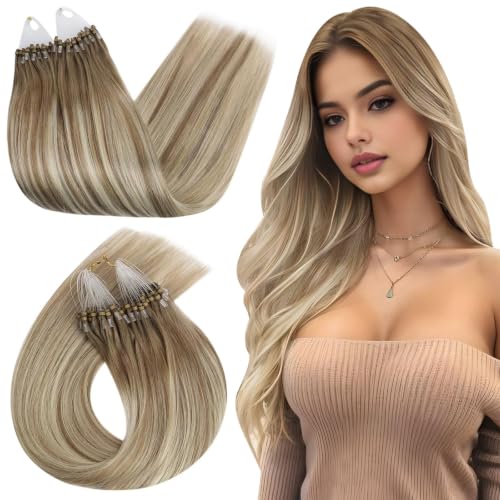 Ugeat Micro Ring Human Hair Extensions, Brown Balayage, 16 Inch 50G 50S