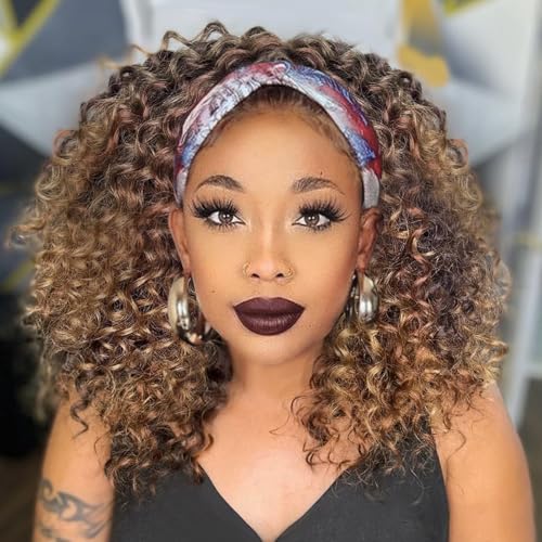 Aisaide Blonde Curly Headband Wig 12 Inch Kinky Ombre Brown