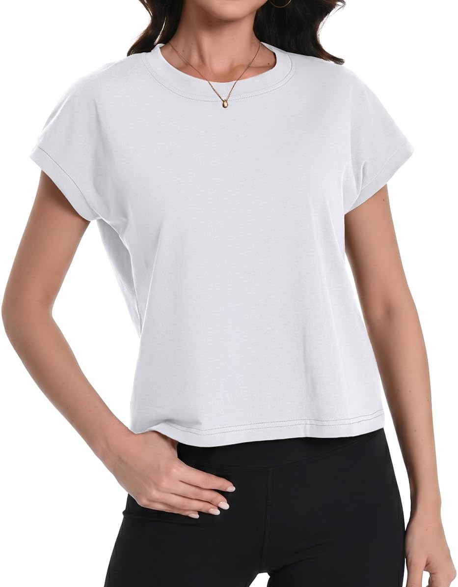 Auriviz Womens Crop Tops Cap Sleeve Cotton T Shirts Crewneck Loose Fit Trendy Tee Summer Workout Tops 2025
