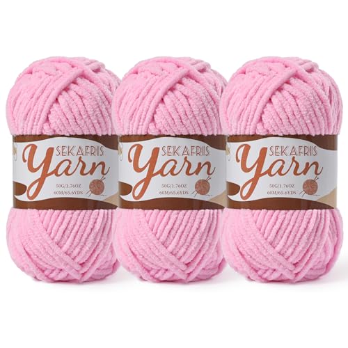 Image of 3 Pack Fluffy Velvet Yarn for Crocheting，Baby Blanket Yarn for Crocheting Soft，150g(196.8yds) Amigurumi Yarns，Plush Chenille Crochet Yarns，Puzzle Yarn for Crochet Weaving Craft(3 Dark Pink)