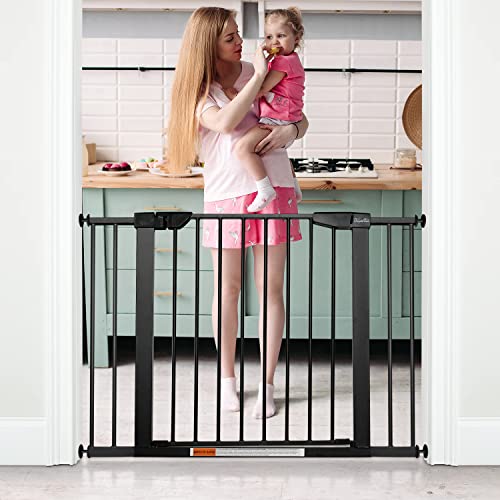 Image of KBYTDREAM 29.5 to 43.3" Extra Wide Walk Through Pet Gate, Auto Close Safety Baby Gate, Metal Durability Dog Gate for House, Stairs, Doorways, Includes 2 Extension Kit, Black