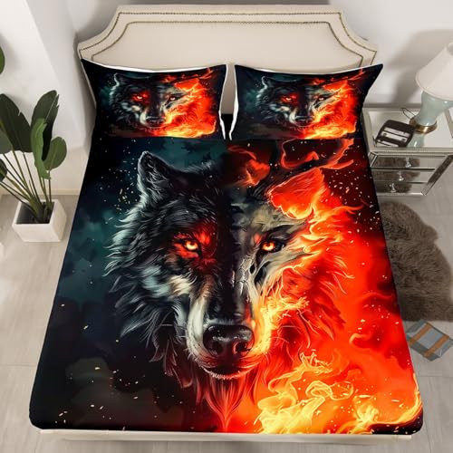 Gothic Wolf Fitted Sheet Queen Size Abstract Hunting Elk Animal Bedding Set for Kids Boys Girls Teens 3D Burning Flame Bed Sheet Set Safari Wildlife Bed Cover Room Decor,No Top Sheet
