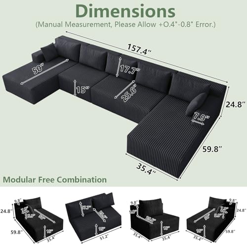Image of 160 inch Modular Sectional Sleeper Sofa, Boneless Cloud Couch for Living Room, U Shaped 3 Seat Sofa with Deep Seat, Free Combination, Couch in a Box, No Assembly Required (Jet Black)