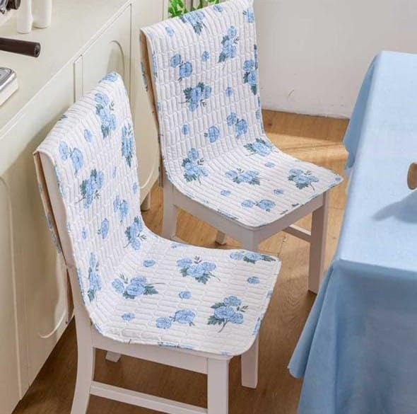 Image of HOMETHREADS Floral Quilted Cotton Chair Cover - Soft, Comfortable Dining Chair Seat Protector with Non-Slip Backing & Strong Elastic Strap for Snug Fit (White Blue, Pack of 2)