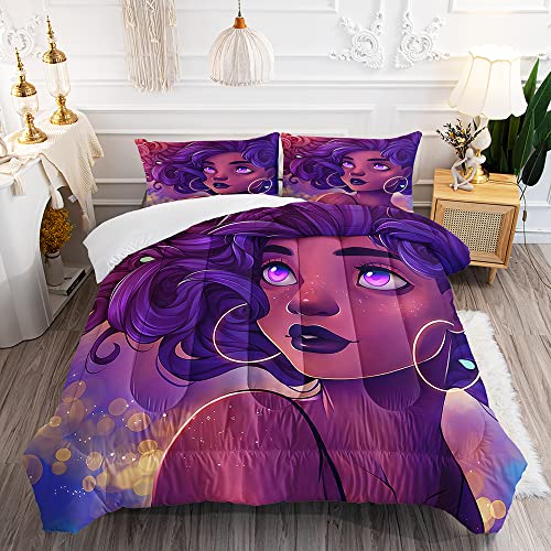 African American Black Girl Comforter Set For Kids And Adults, Queen Size Purple Hair Woman Bedding Comforter With 2 Fashion Black Girl Patterned Pillowcases - 90" X 90" #TOP13