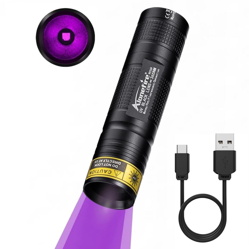 Alonefire SV110 365nm UV Taschenlampe 3W klein Typ C USB Aufladbar Mini Schwarzlicht Haustierurin Detektor Geld-Detektor für UV Harz, Angeln, Skorpion, Bernstein,Mineralien mit Batterie