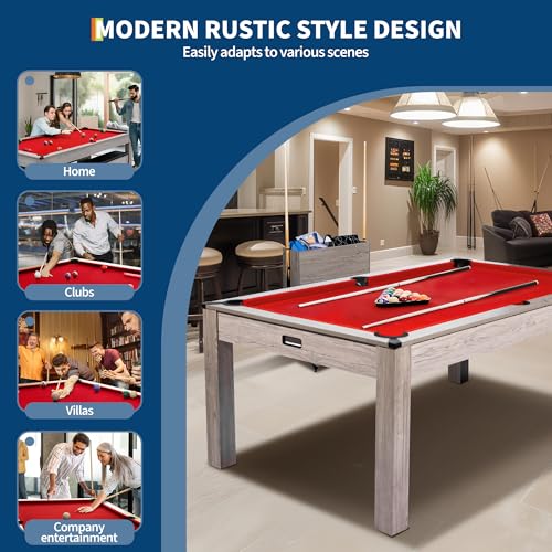 7FT 3-in-1 Pool Table with Dining Top & Table Tennis | Billiard Table Set with Accessories (Balls, Cues, Ping Pong) | HDF Wood Grain Finish | Includes Rolling Storage Caddy